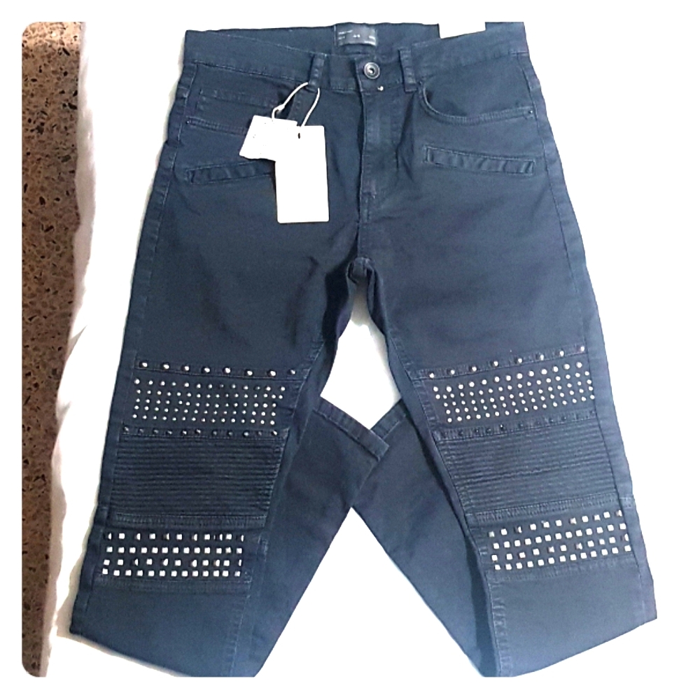 ZARA MAN BIKER STUDDED SKINNY FIT BLK JEANS  SZ 31